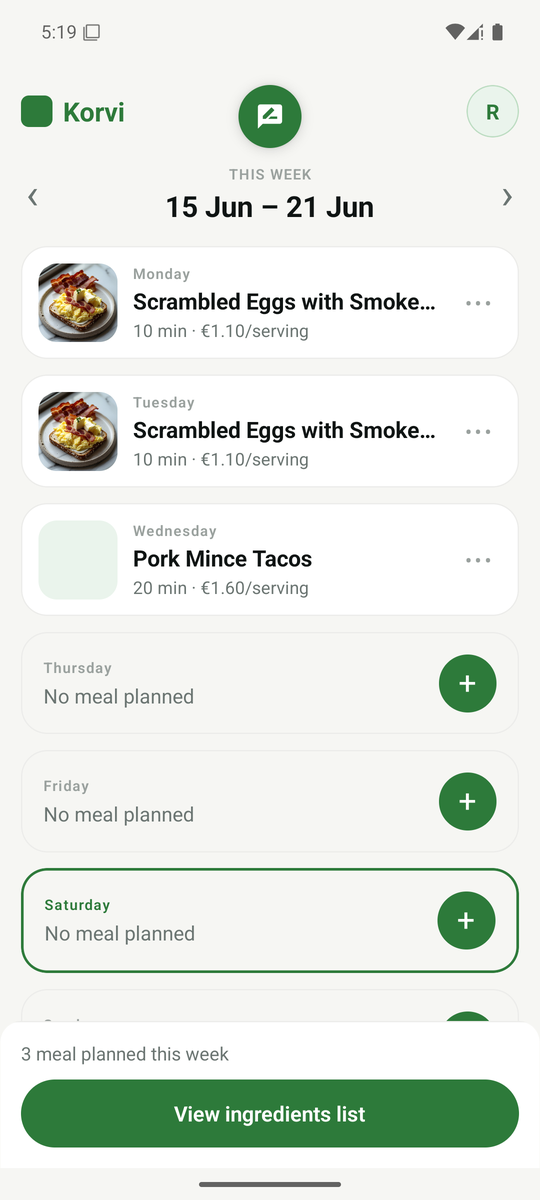 Korvi meal plan