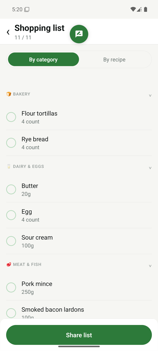 Korvi shopping list